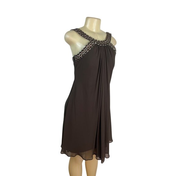 JS Boutique Beaded Halter Neck Brown Chiffon Cocktail Dress With Back Zip Size 8 - Picture 2 of 8